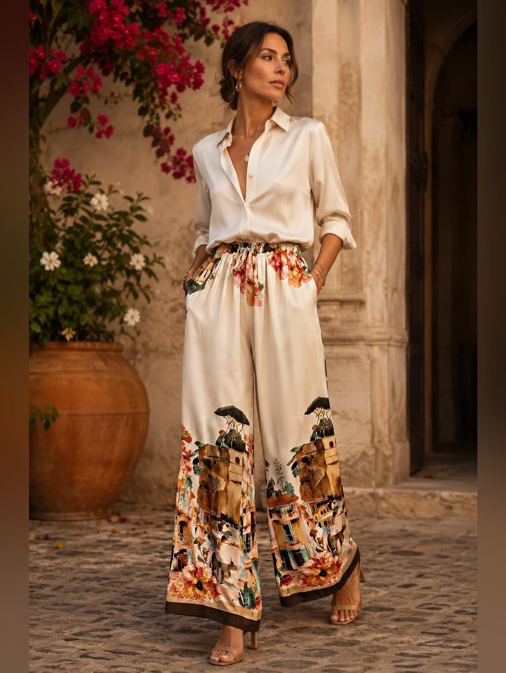 Silk-Effect Cream Wide-Leg Palazzo Pants with Scenic Print